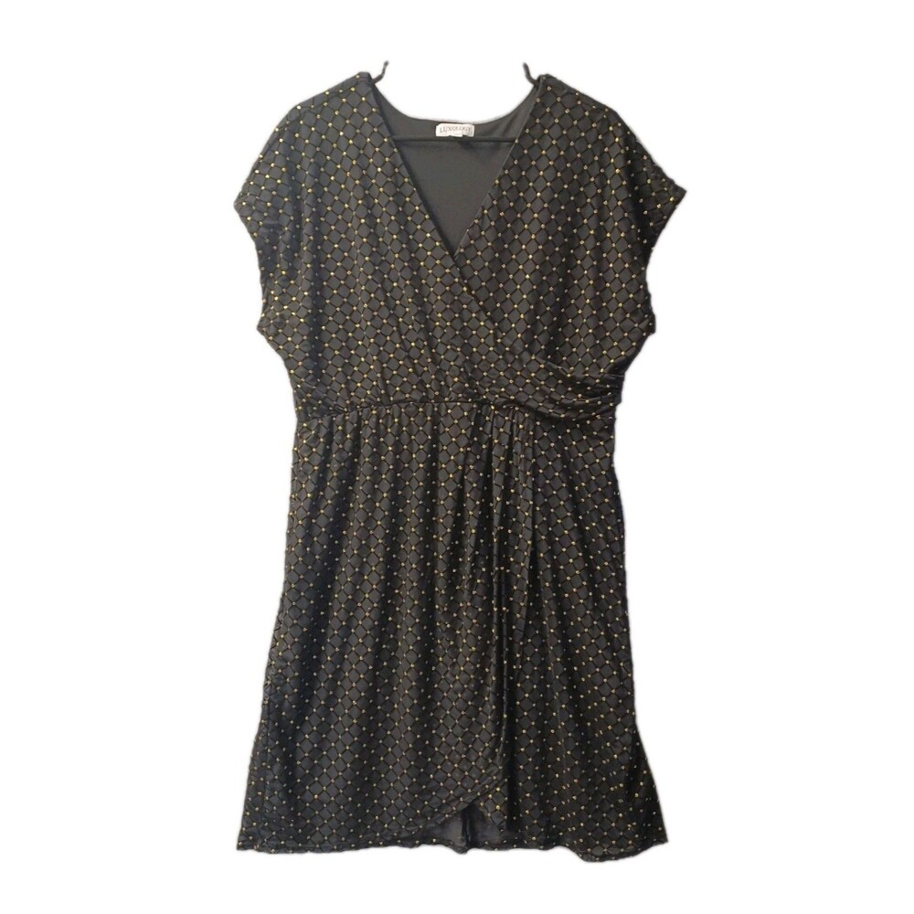 Luxology XL Dress Black Diamond Gold Dot Cap Sleeve Elastic Waist